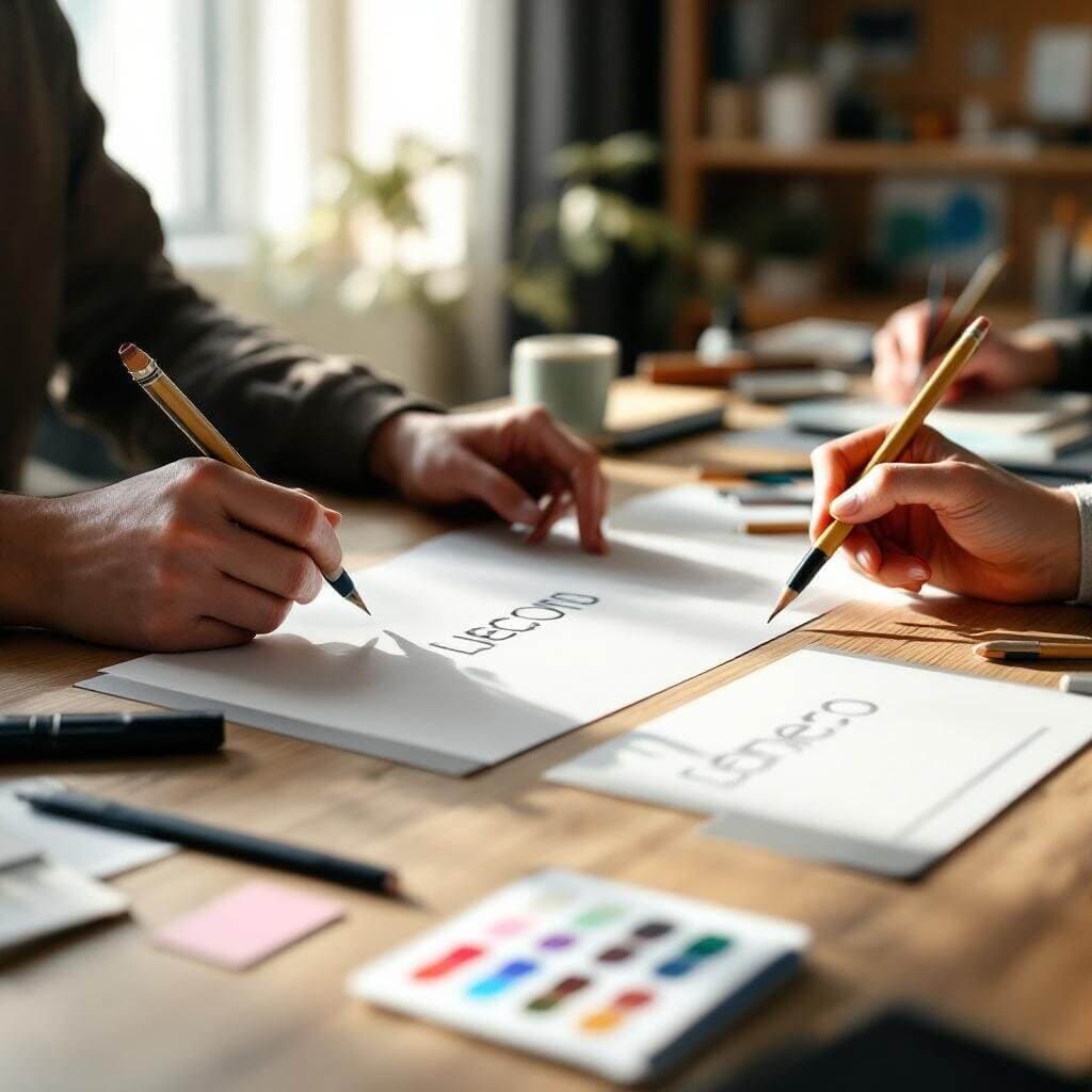Designer sketching logo concepts and visual identity directions for a client