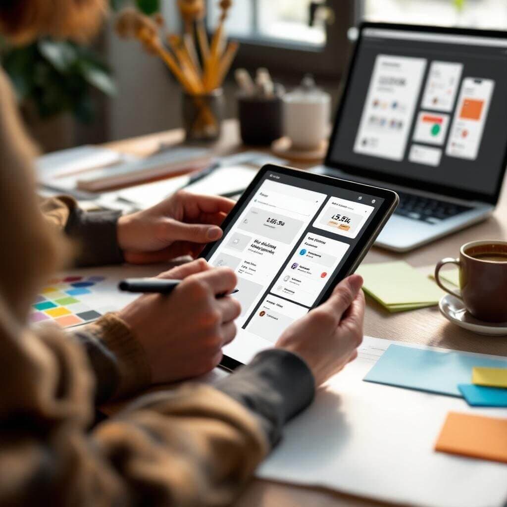 Designer planning layout, user flow and usability as part of one interface design pass