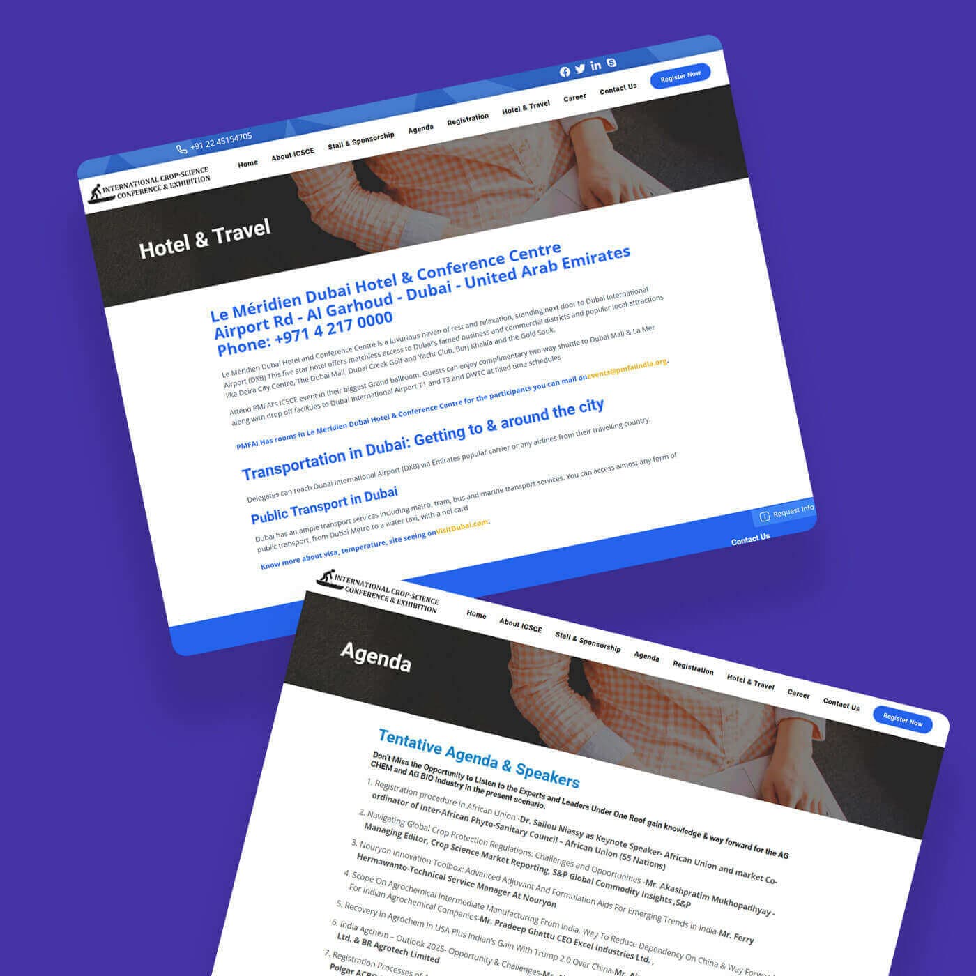 ICSCE Conference website screens on blue background